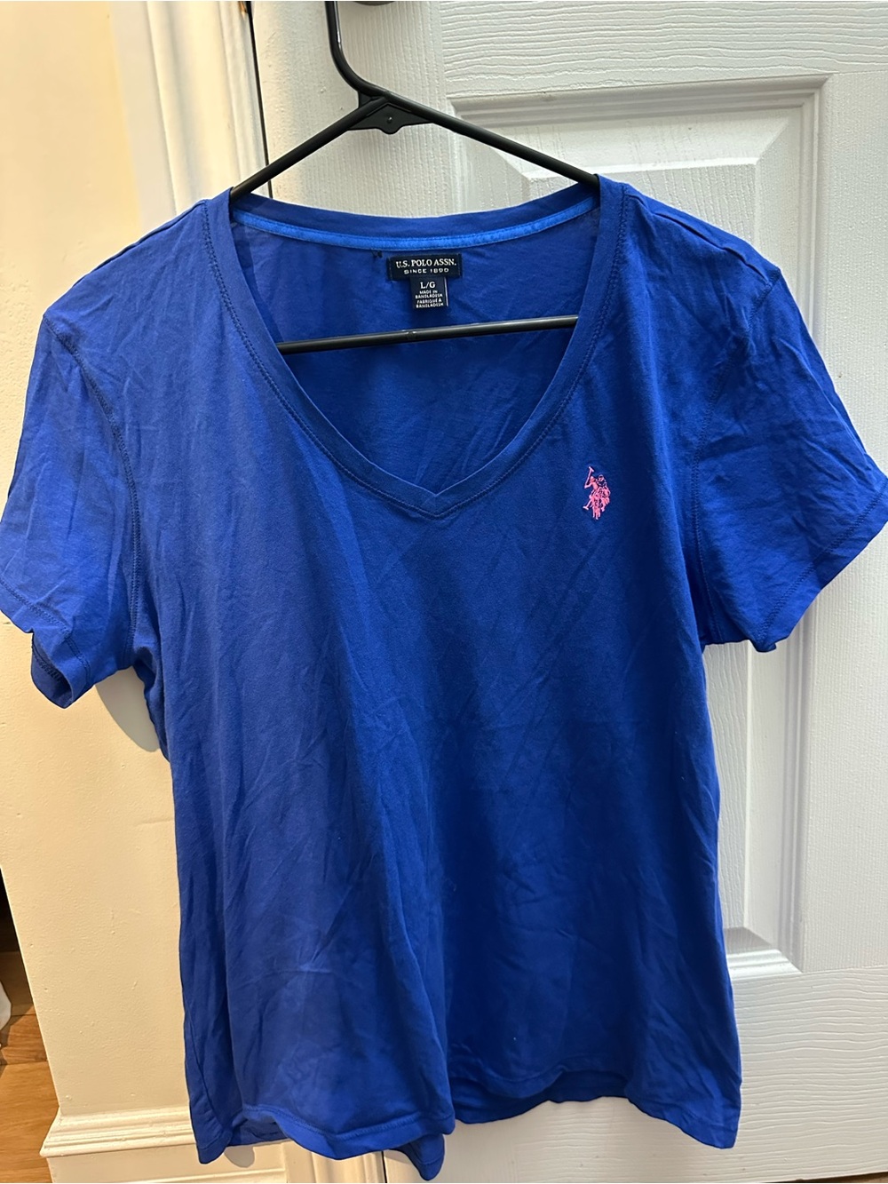 U.S. Polo Assn. Women's V-Neck Tee in Royal Blue with Pink Logo